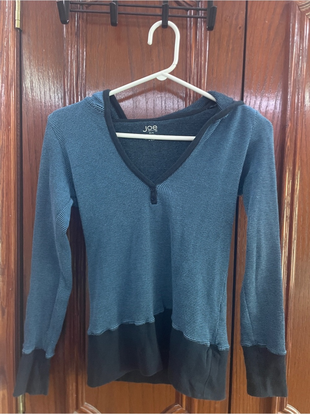 Joe Fresh Blue V-Neck Hooded Ribbed Sweater with Black Trim